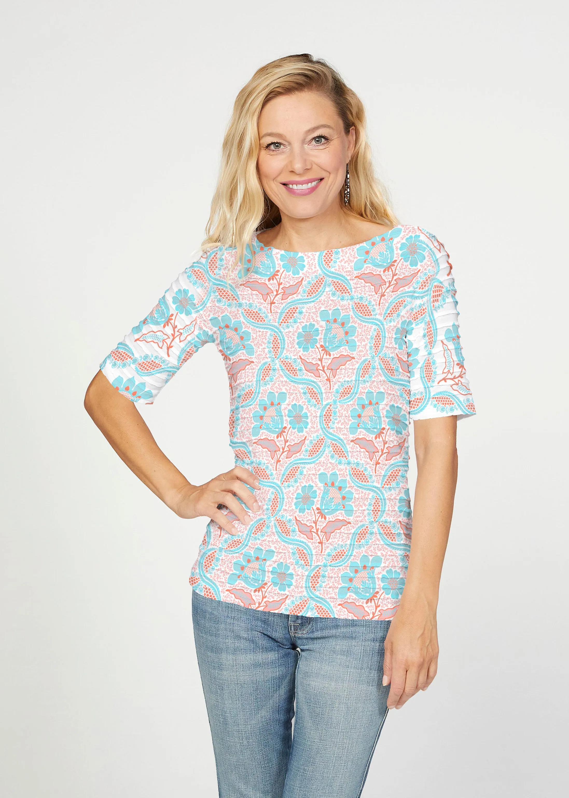 Braided Flower (7932) ~ Banded Elbow Sleeve Boat Neck Top