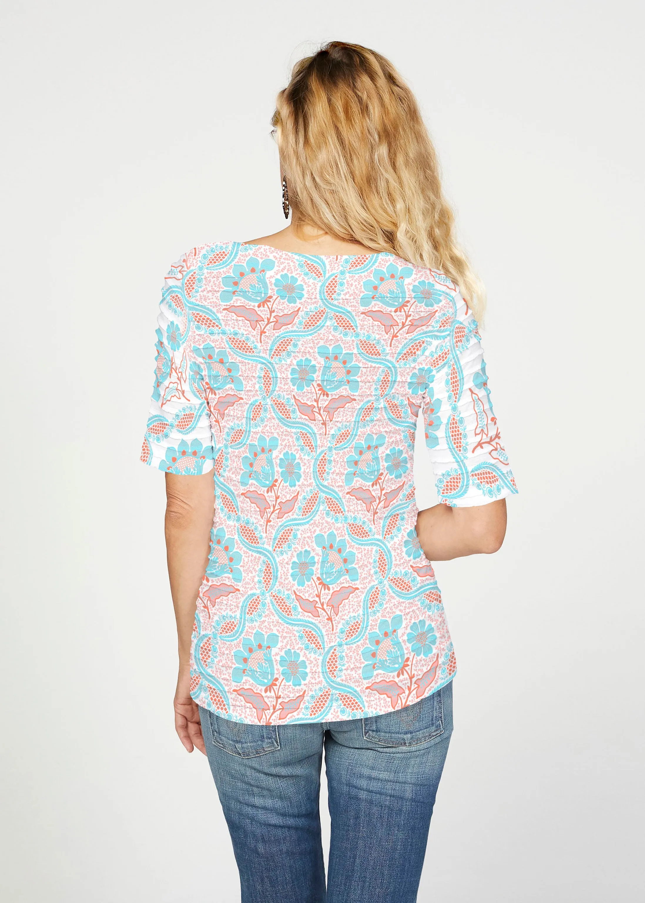 Braided Flower (7932) ~ Banded Elbow Sleeve Boat Neck Top