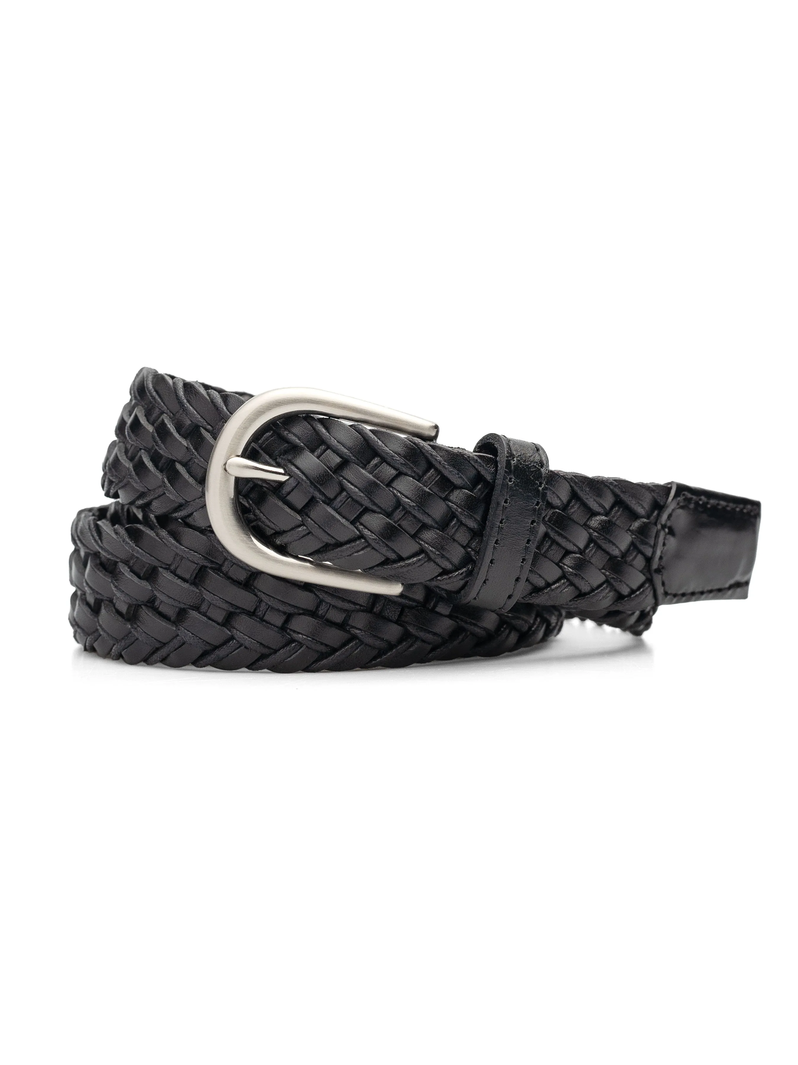 Braided Leather Belt with Silver-Toned Buckle