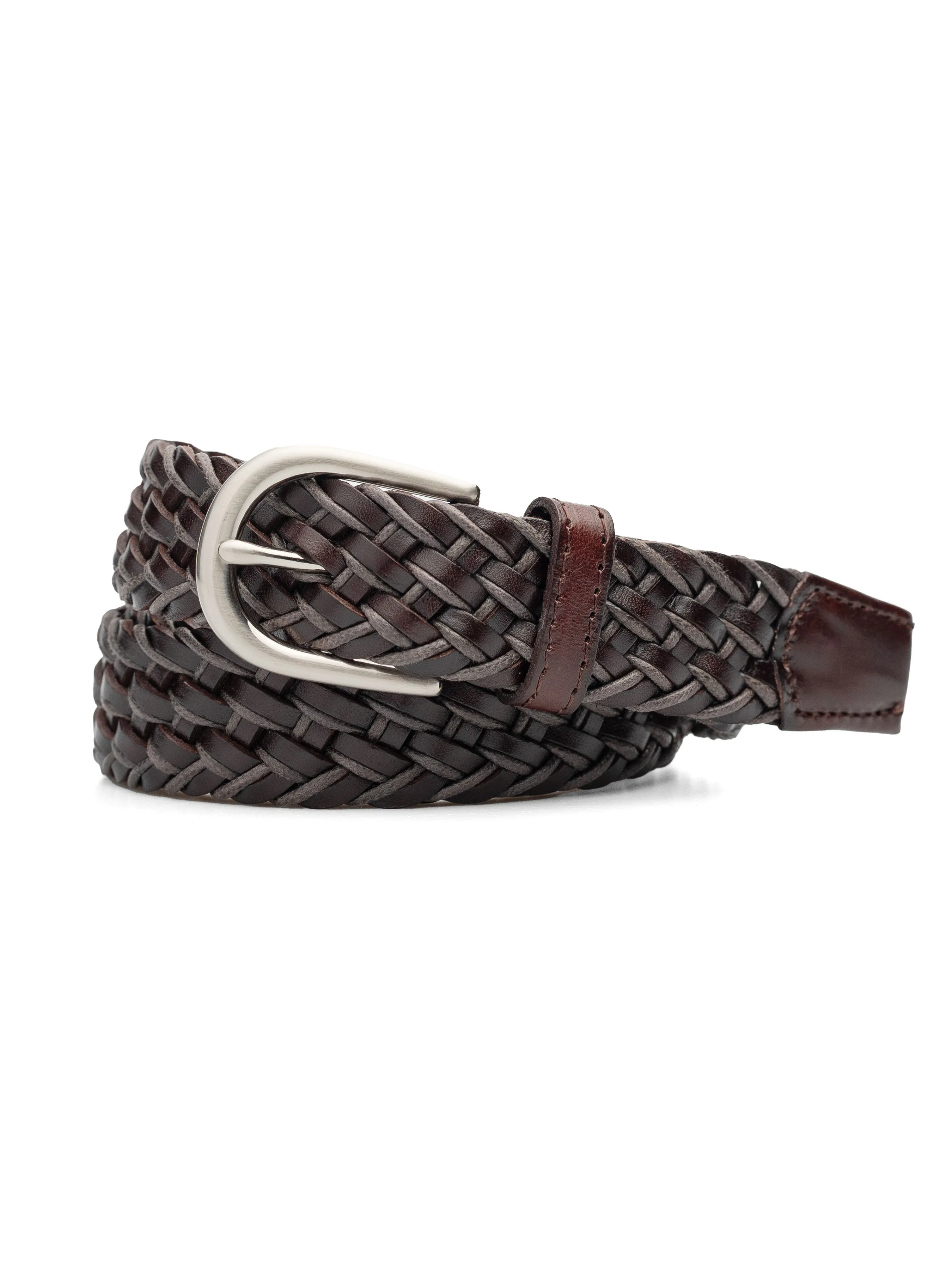 Braided Leather Belt with Silver-Toned Buckle