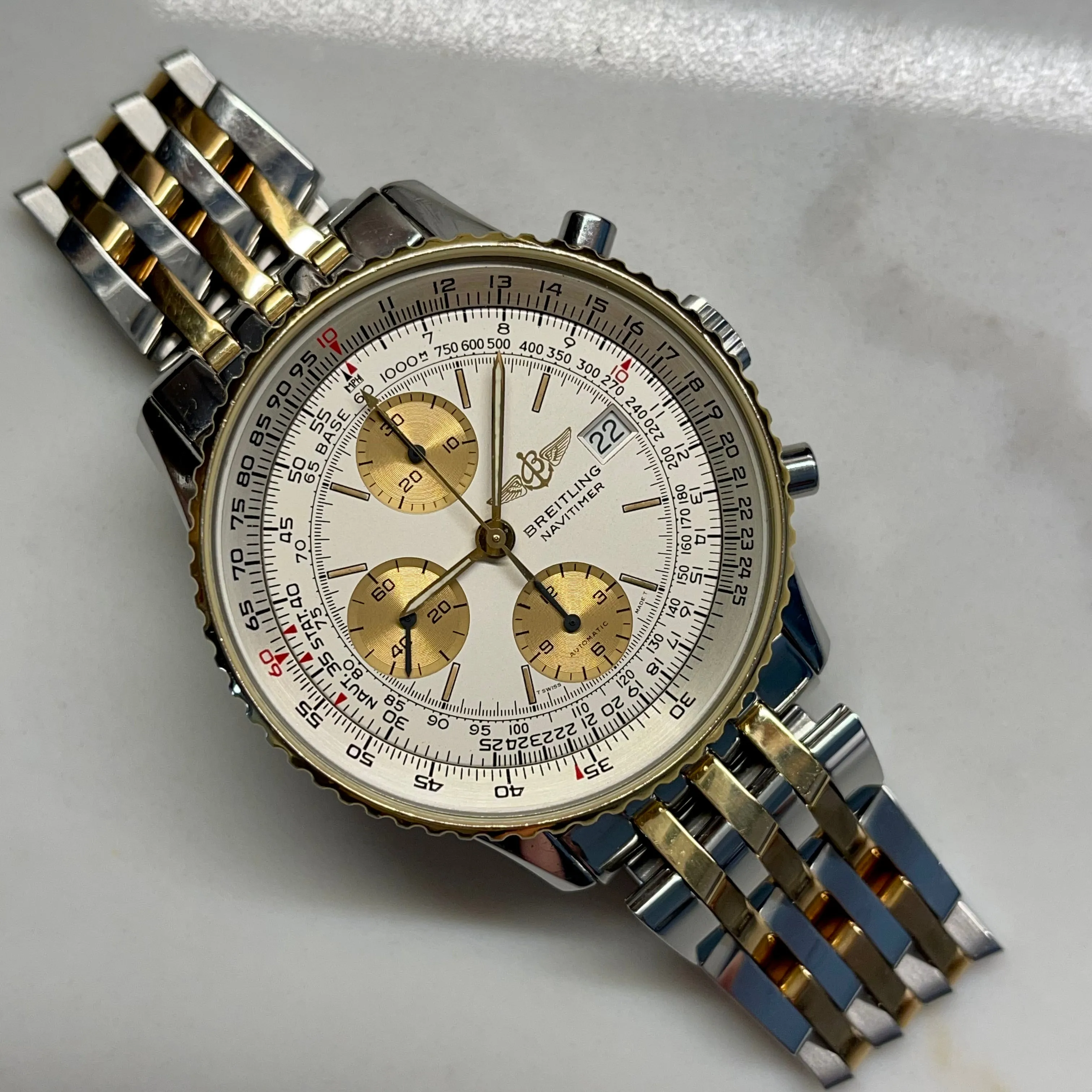 Breitling Old Navitimer II D13022 Two Tone Gold Steel Automatic Chronograph Box Papers