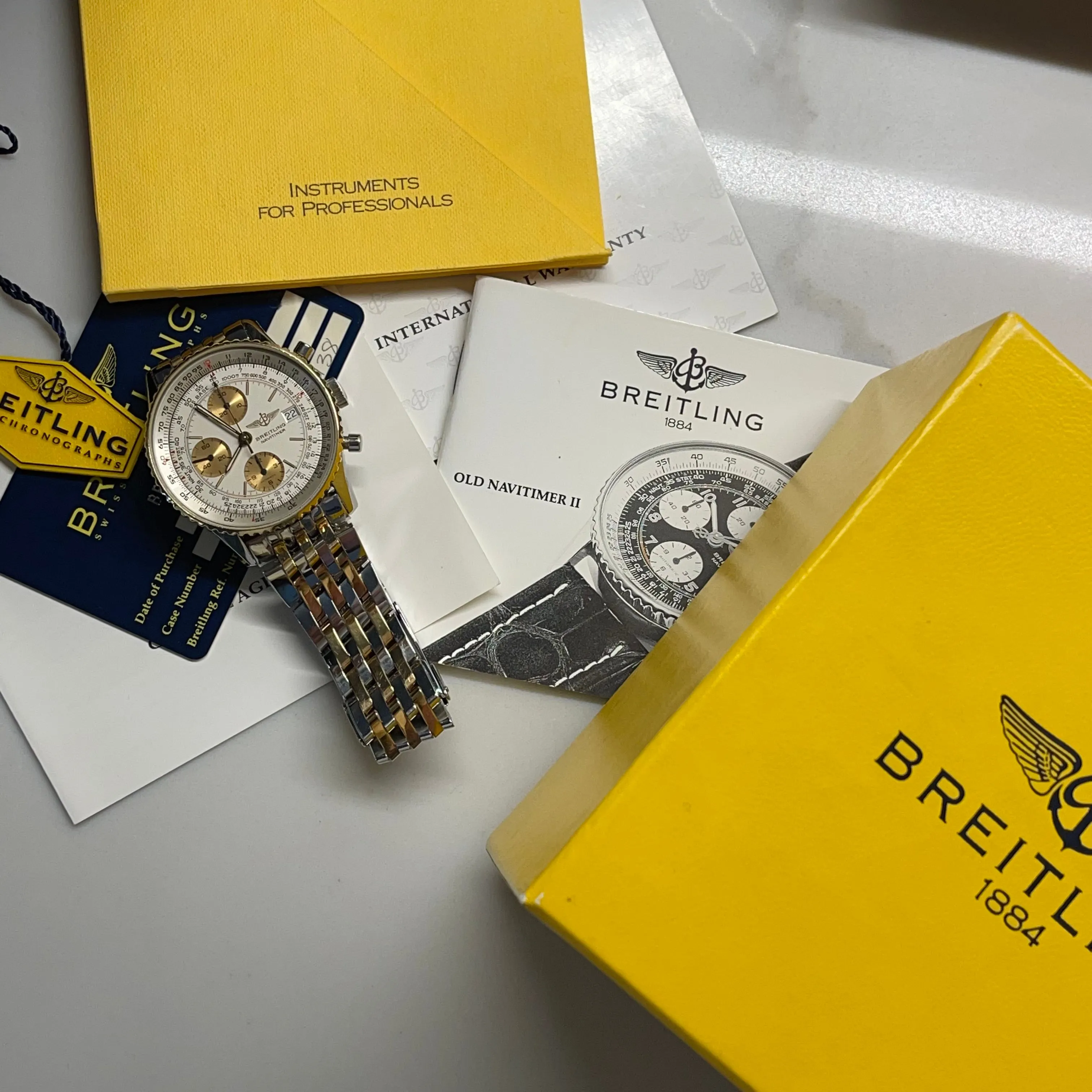 Breitling Old Navitimer II D13022 Two Tone Gold Steel Automatic Chronograph Box Papers