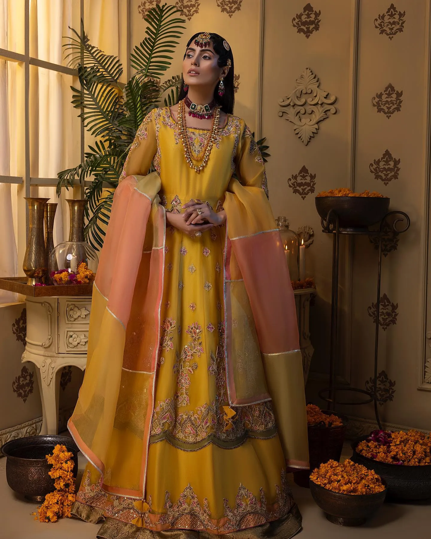 Bridal Lehenga and Pishwas Yellow Mehndi Dress #BS835