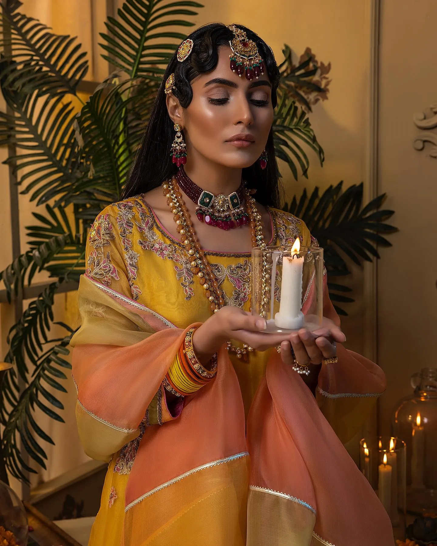 Bridal Lehenga and Pishwas Yellow Mehndi Dress #BS835
