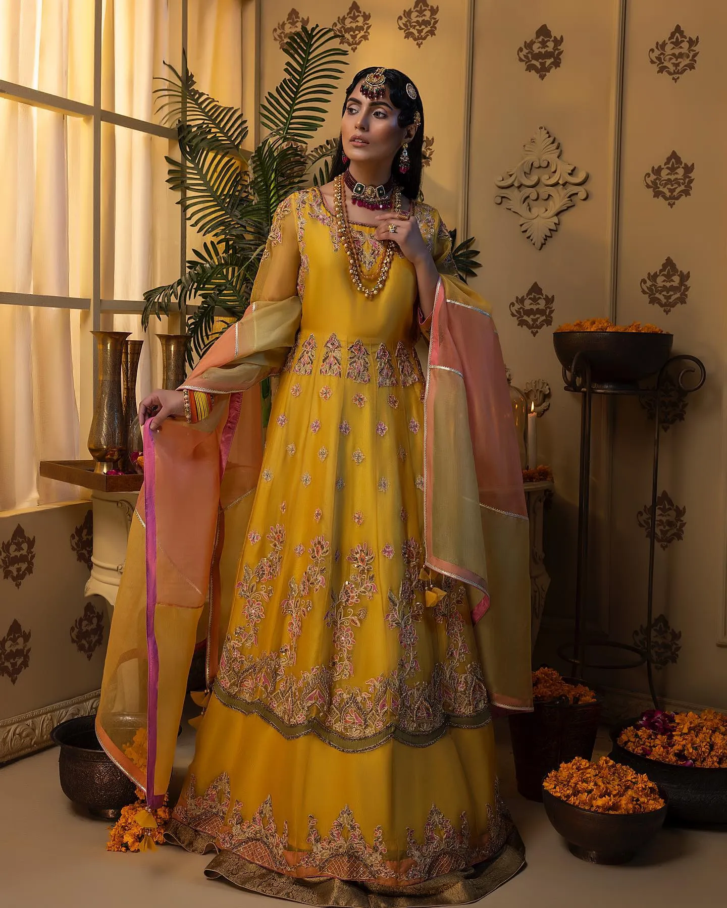 Bridal Lehenga and Pishwas Yellow Mehndi Dress #BS835