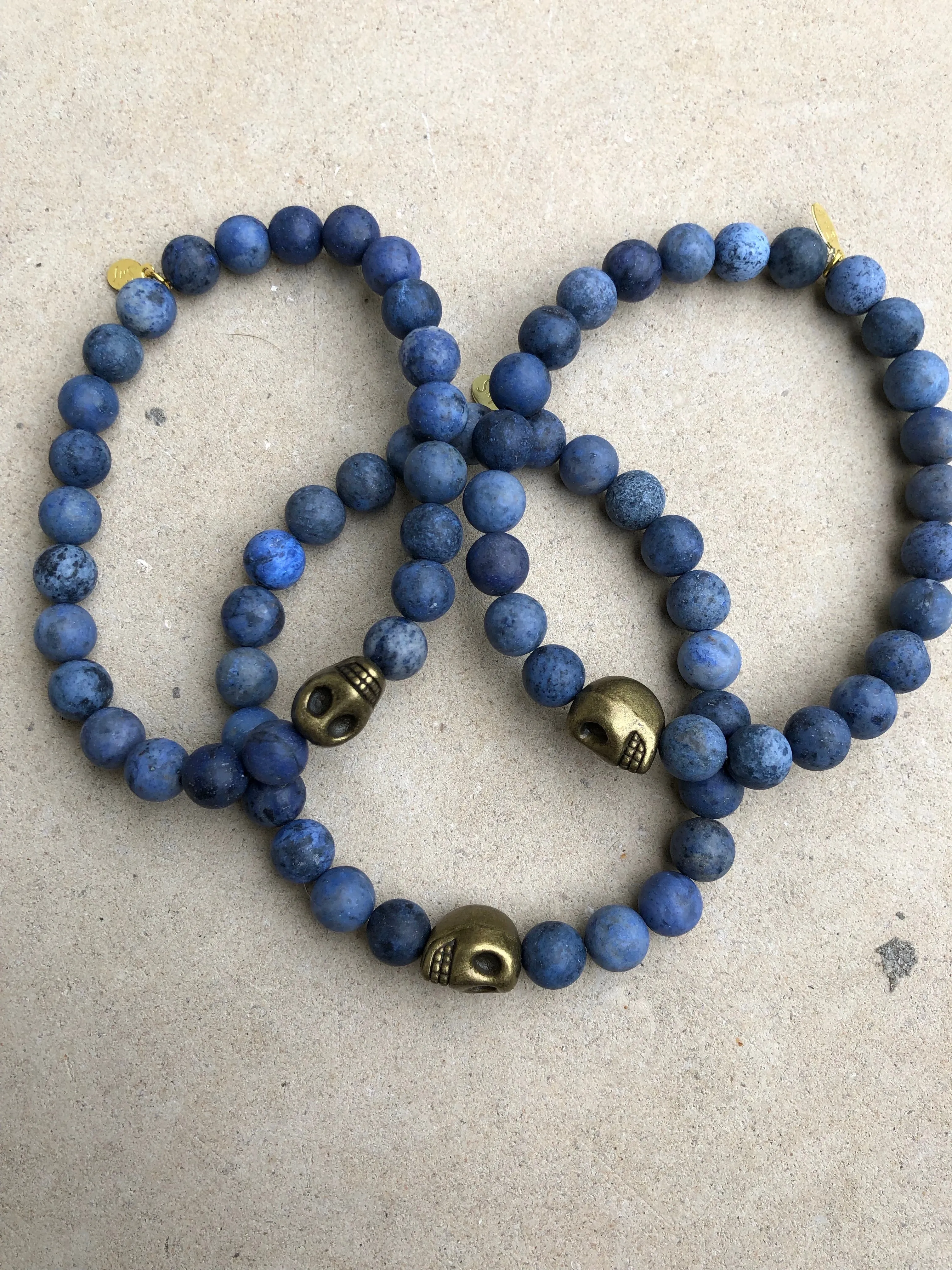 Bronze Skull on Matte Blue Vein Stone Bracelet ~ Homme