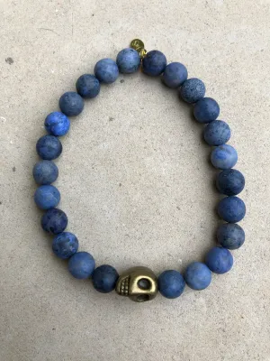 Bronze Skull on Matte Blue Vein Stone Bracelet ~ Homme
