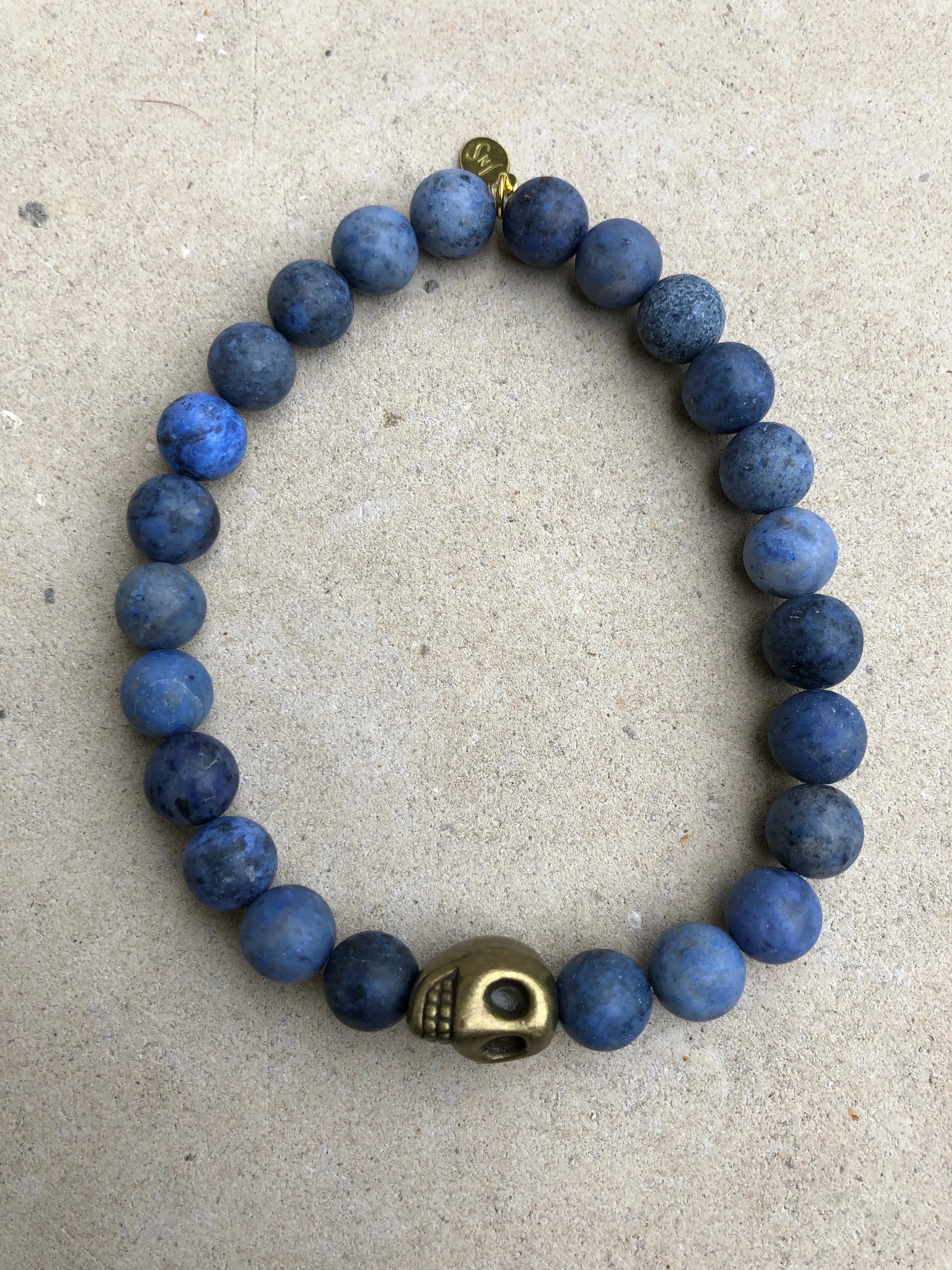Bronze Skull on Matte Blue Vein Stone Bracelet ~ Homme