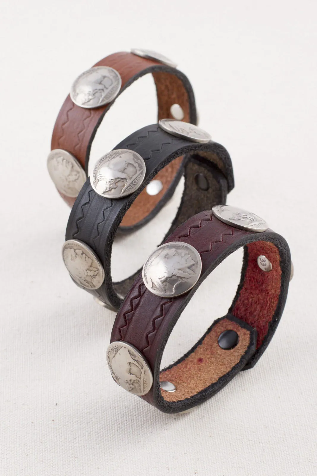 Brown Buffalo Nickel Leather Snap Bracelets (Narrow)