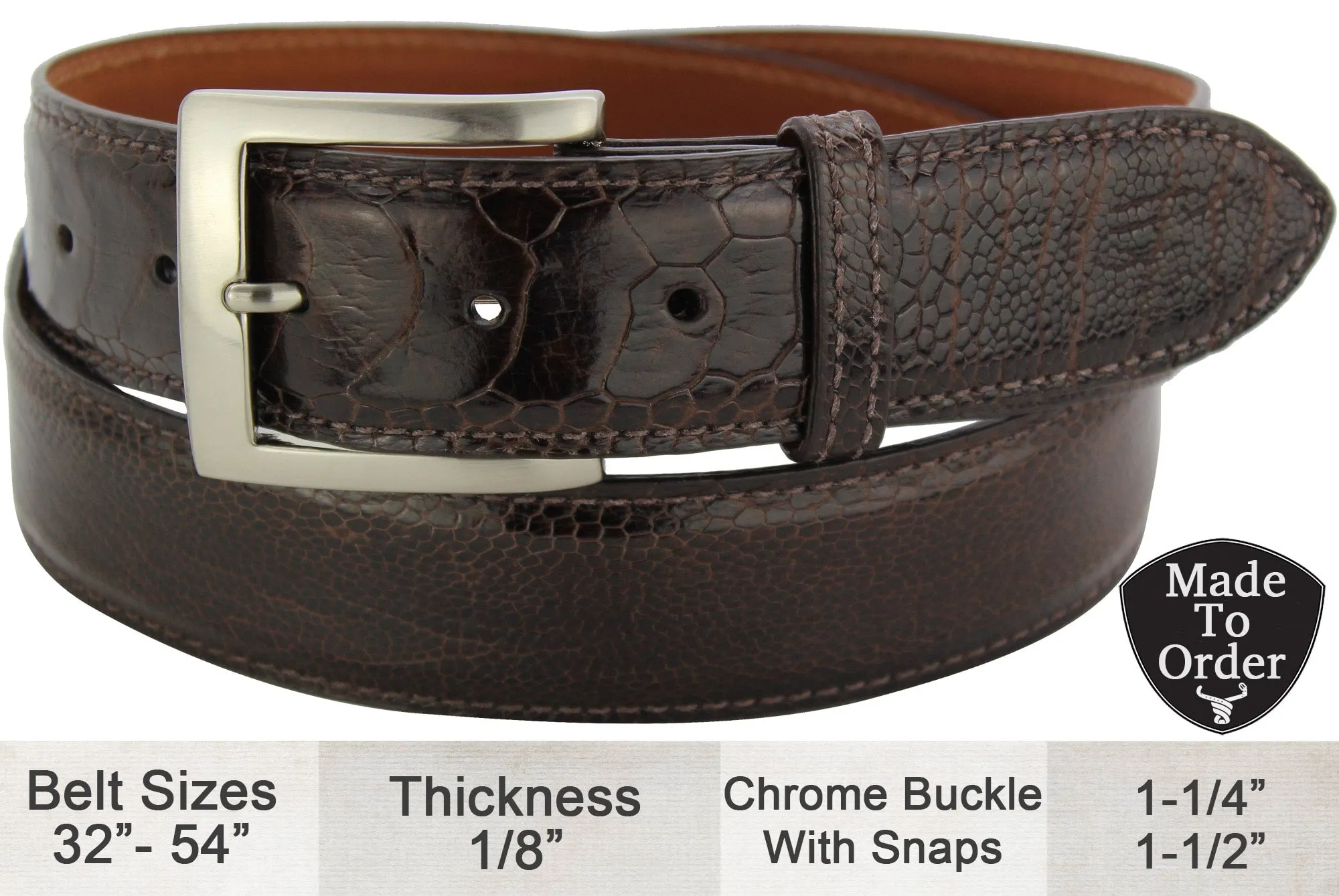 Brown Ostrich Leg Designer Full Grain Leather Belt **Made To Order Allow 5 To 6 Weeks To Ship