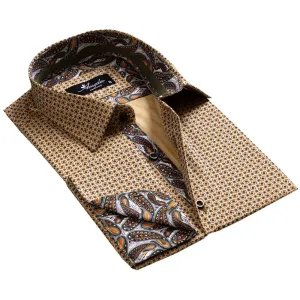 Brownish Gold Paisley Mens Slim Fit French Cuff Shirts with Cufflink Holes - Casual and Formal