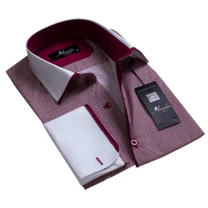 Burgandy and White Mens Slim Fit French Cuff Shirts with Cufflink Holes - Casual and Formal