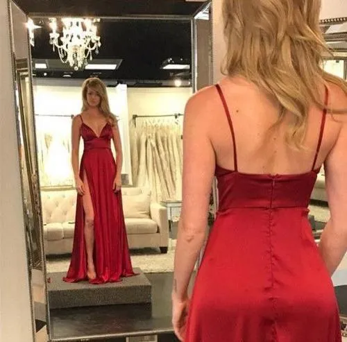 Burgundy A-line Spaghetti Straps Floor-length Prom Dresses With Slit TP0841