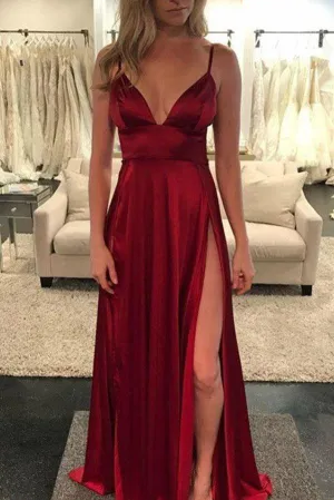 Burgundy A-line Spaghetti Straps Floor-length Prom Dresses With Slit TP0841