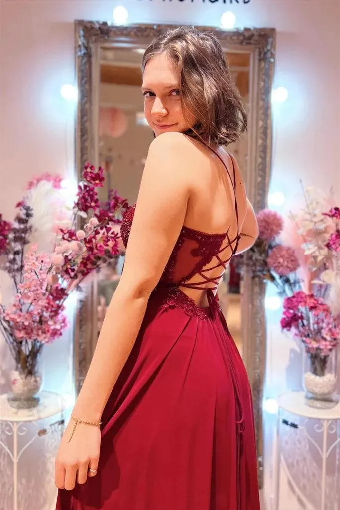 Burgundy Plunging V Neck Beaded Appliques Long Prom Dress With Slit TP1208