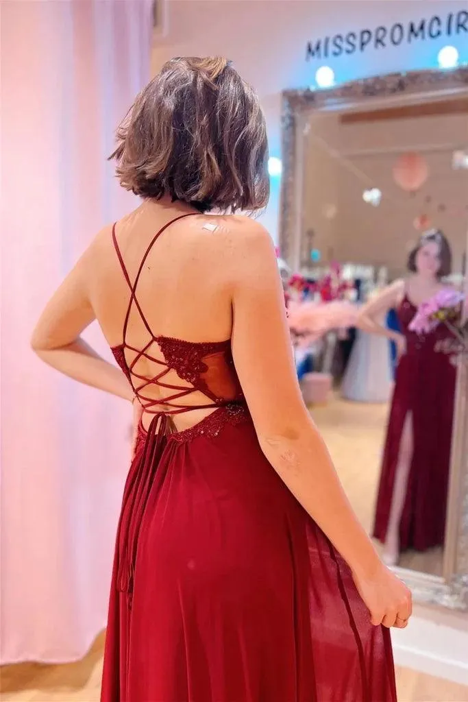 Burgundy Plunging V Neck Beaded Appliques Long Prom Dress With Slit TP1208