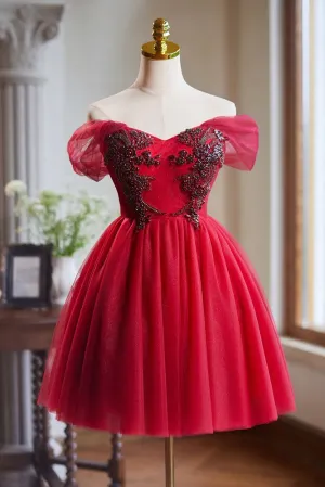Burgundy Tulle Off the Shoulder Beaded Homecoming Dress