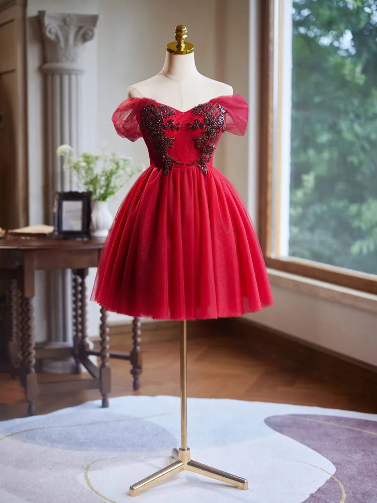 Burgundy Tulle Off the Shoulder Beaded Homecoming Dress