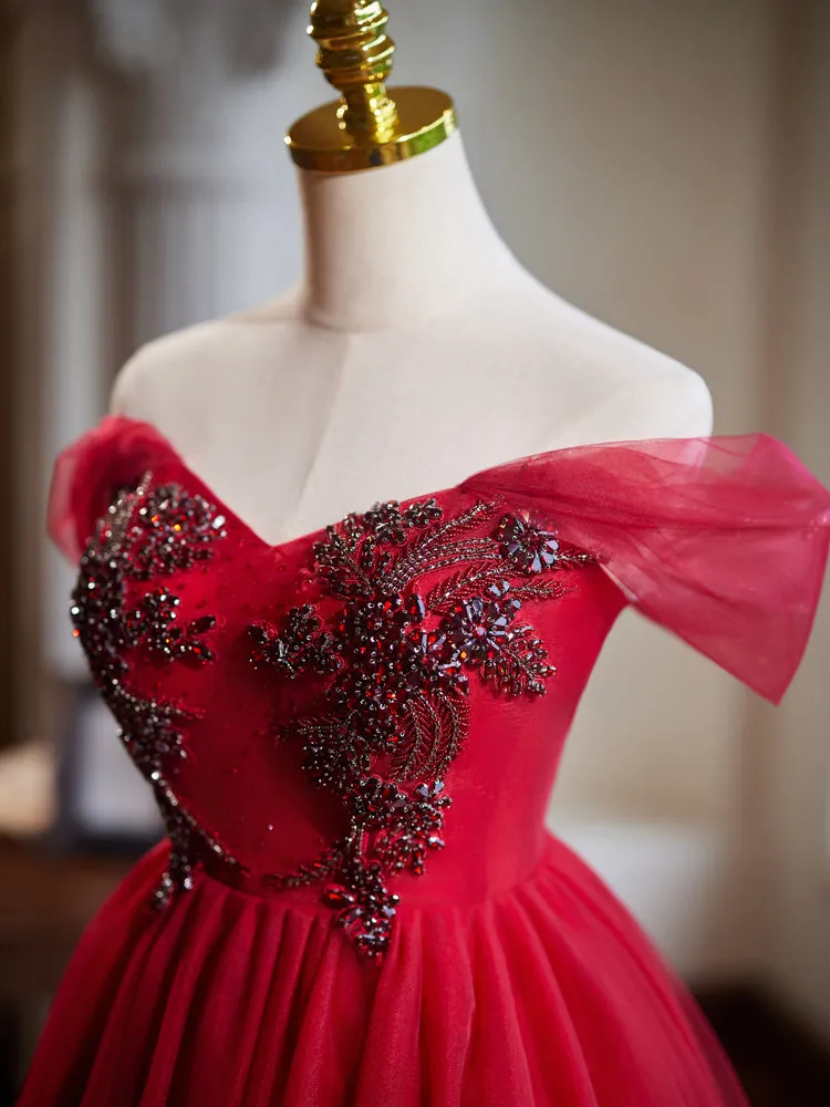 Burgundy Tulle Off the Shoulder Beaded Homecoming Dress