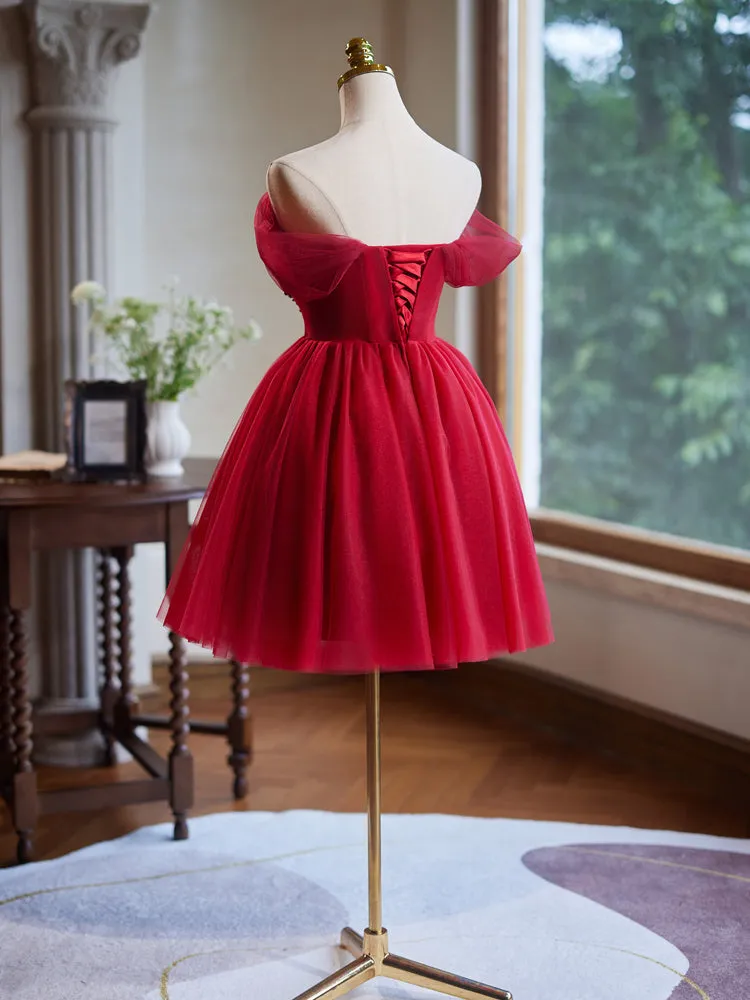 Burgundy Tulle Off the Shoulder Beaded Homecoming Dress