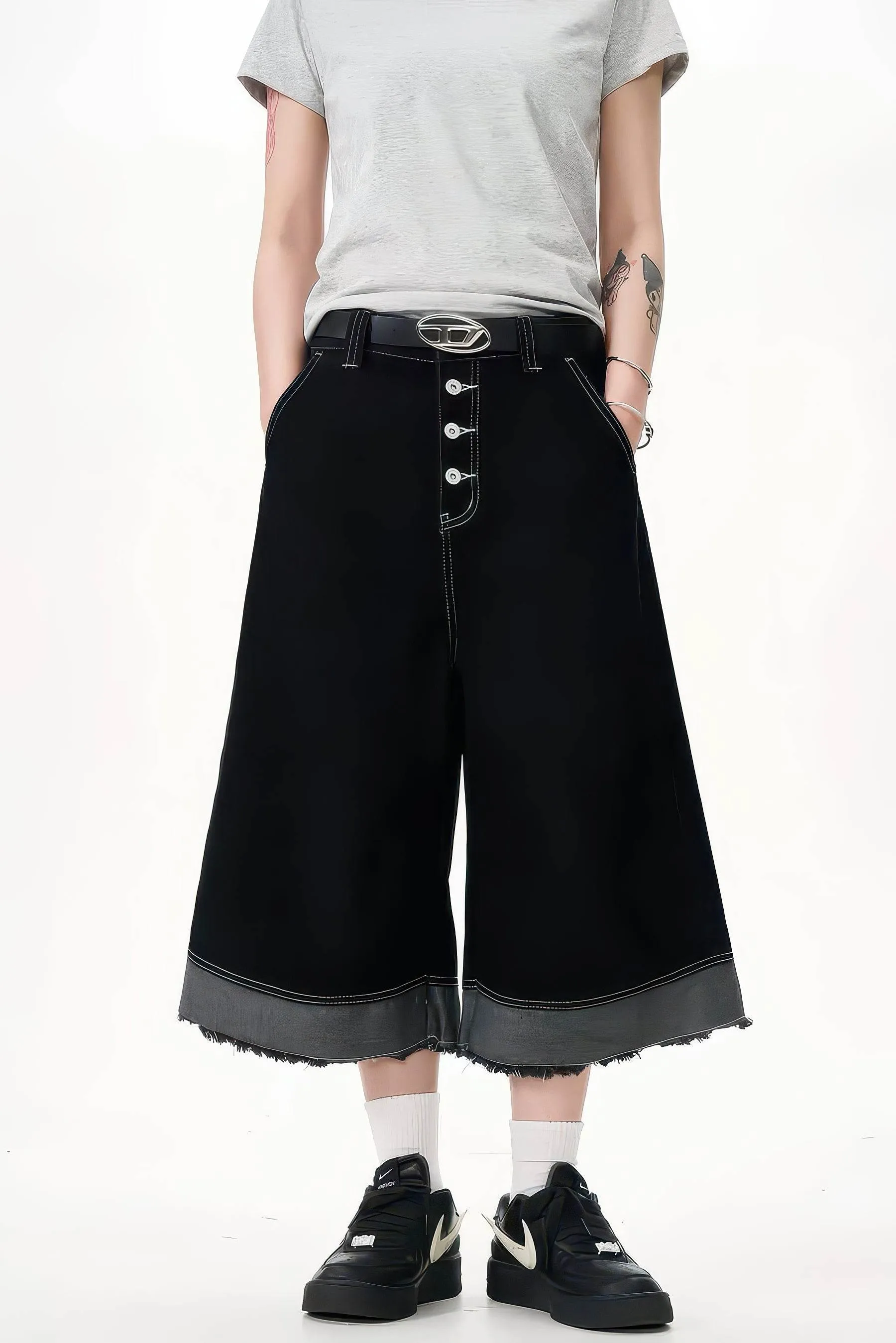 Button-Fly Cropped Jeans - Streetwear Washed Wide Leg Pants