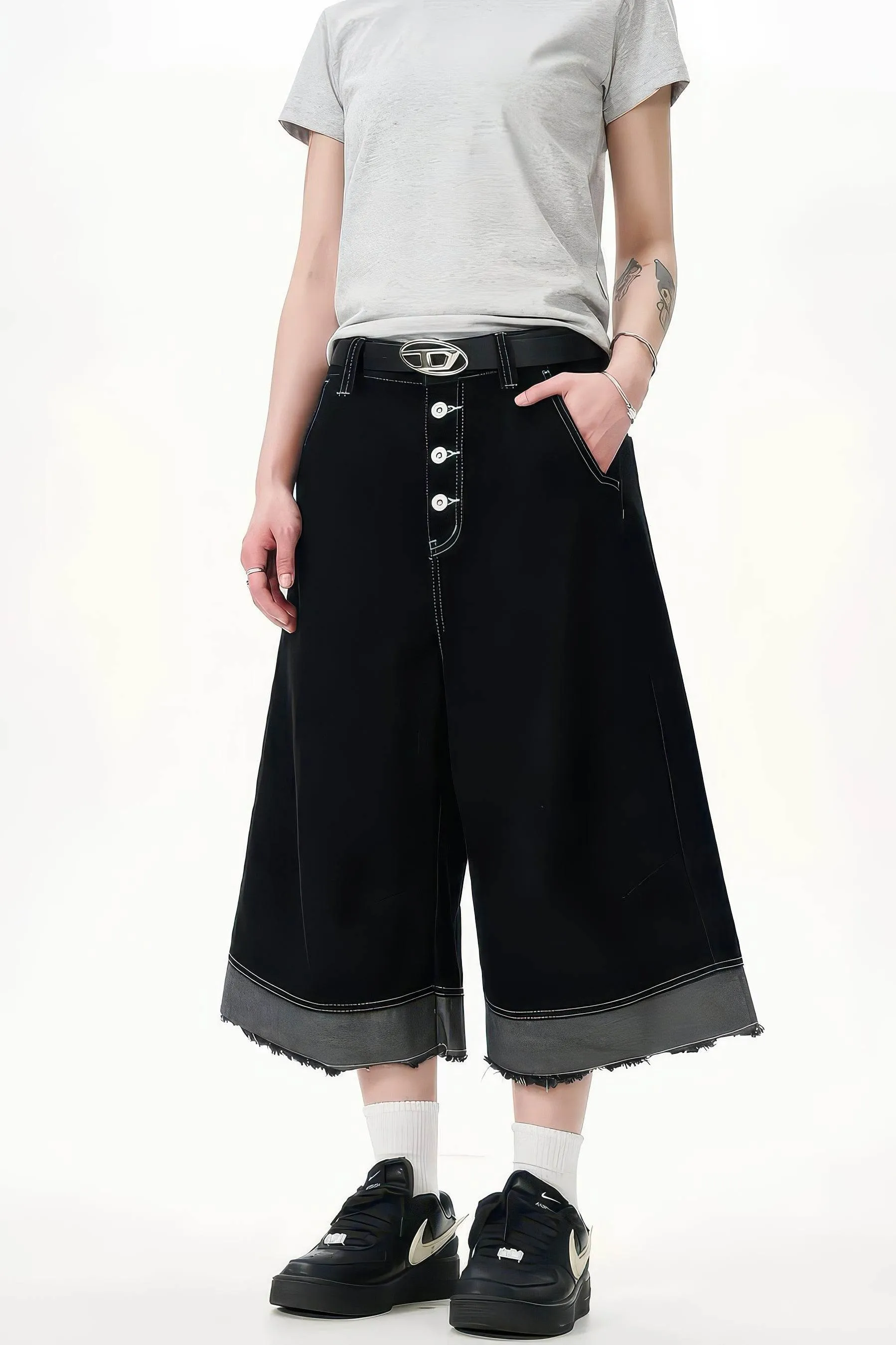 Button-Fly Cropped Jeans - Streetwear Washed Wide Leg Pants