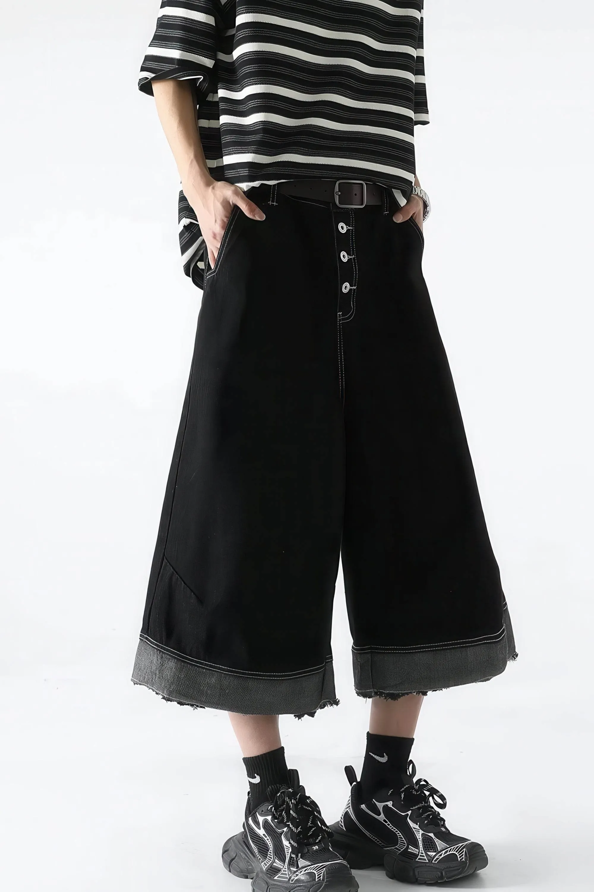 Button-Fly Cropped Jeans - Streetwear Washed Wide Leg Pants