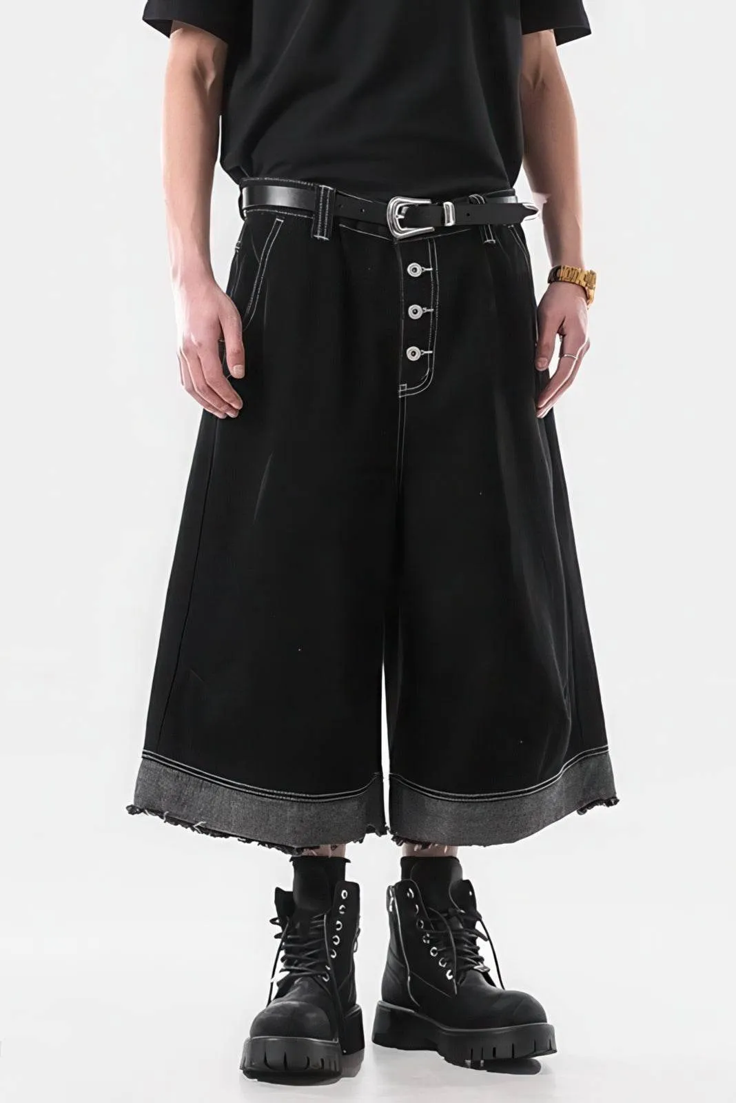 Button-Fly Cropped Jeans - Streetwear Washed Wide Leg Pants