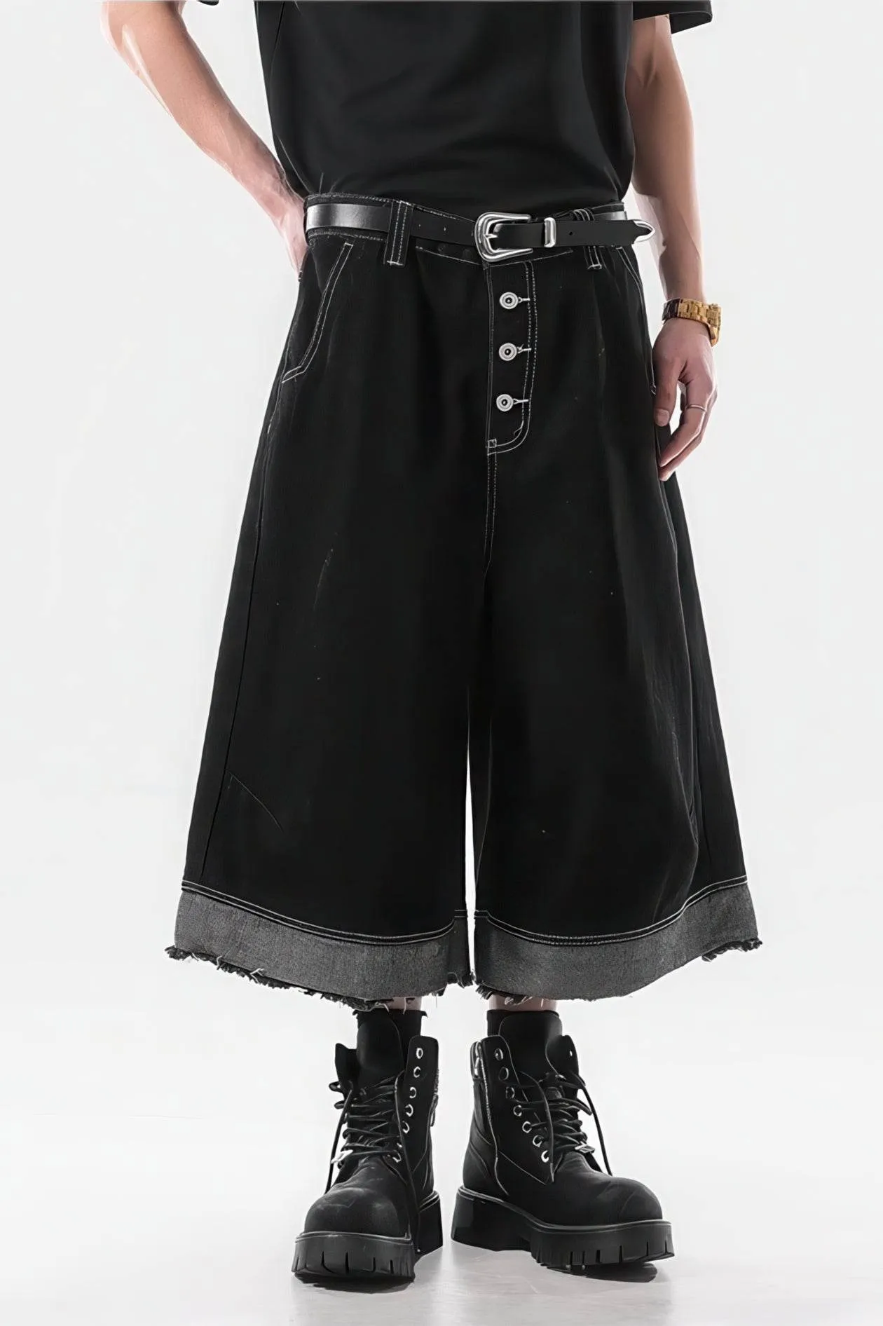 Button-Fly Cropped Jeans - Streetwear Washed Wide Leg Pants
