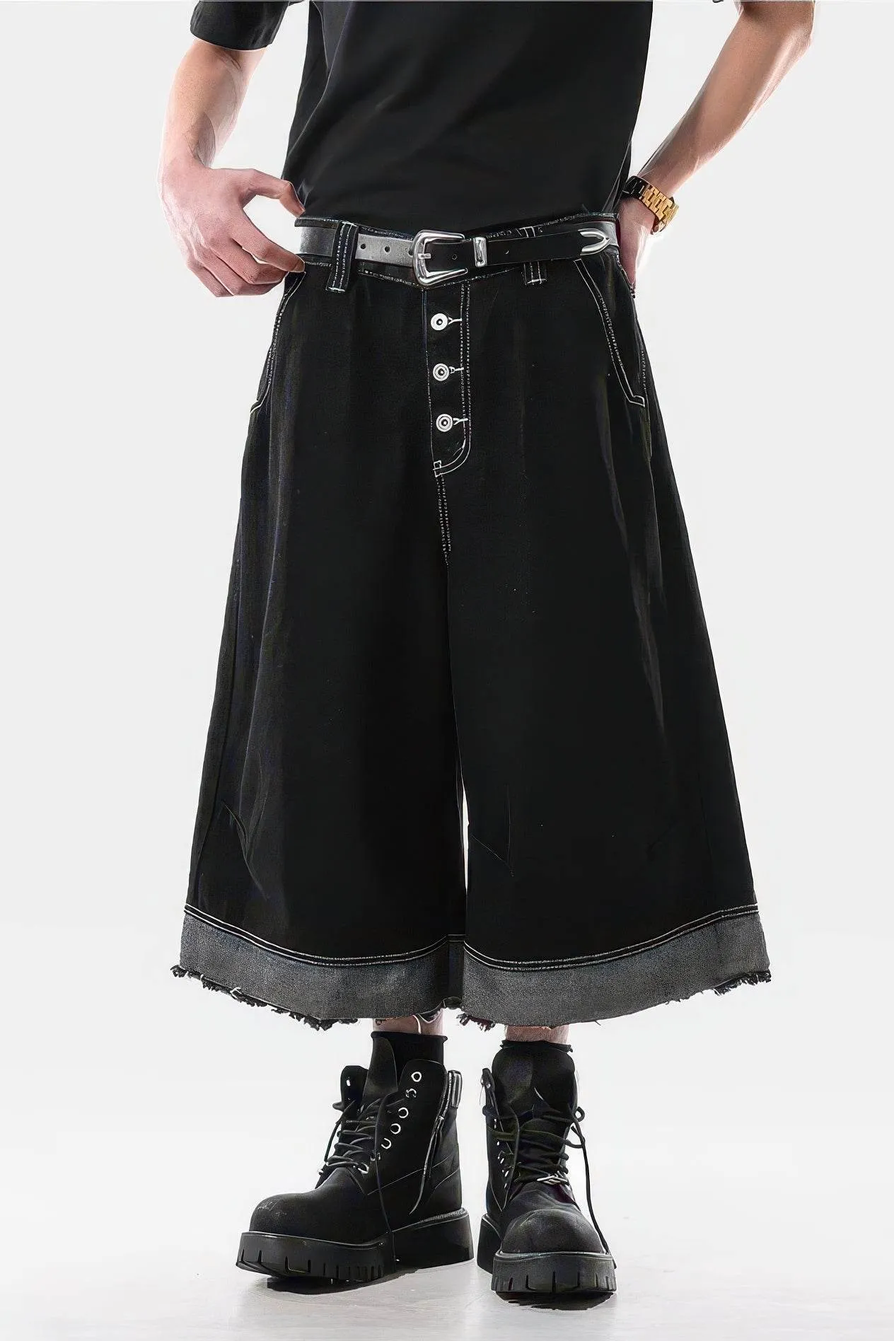 Button-Fly Cropped Jeans - Streetwear Washed Wide Leg Pants