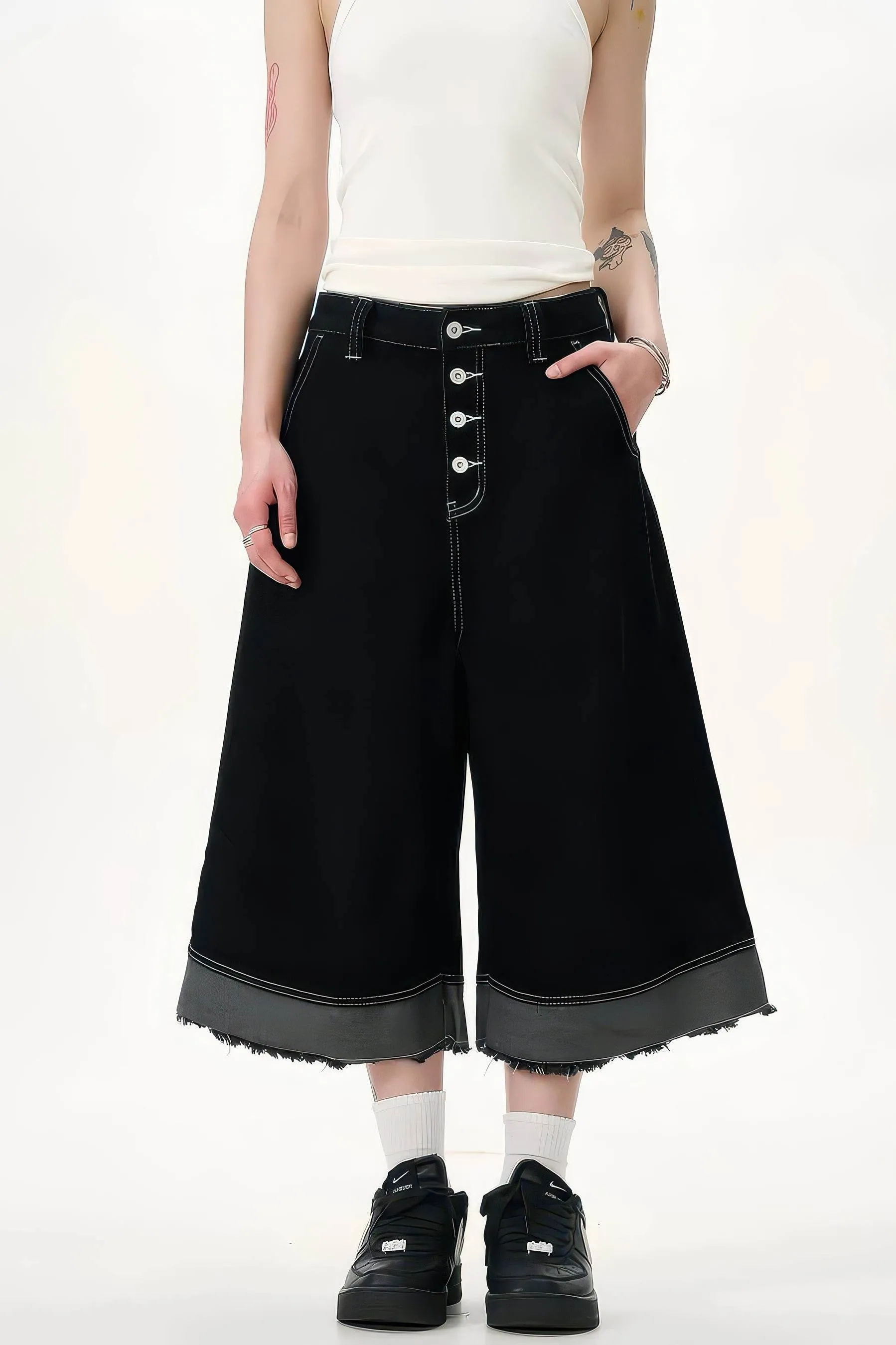 Button-Fly Cropped Jeans - Streetwear Washed Wide Leg Pants