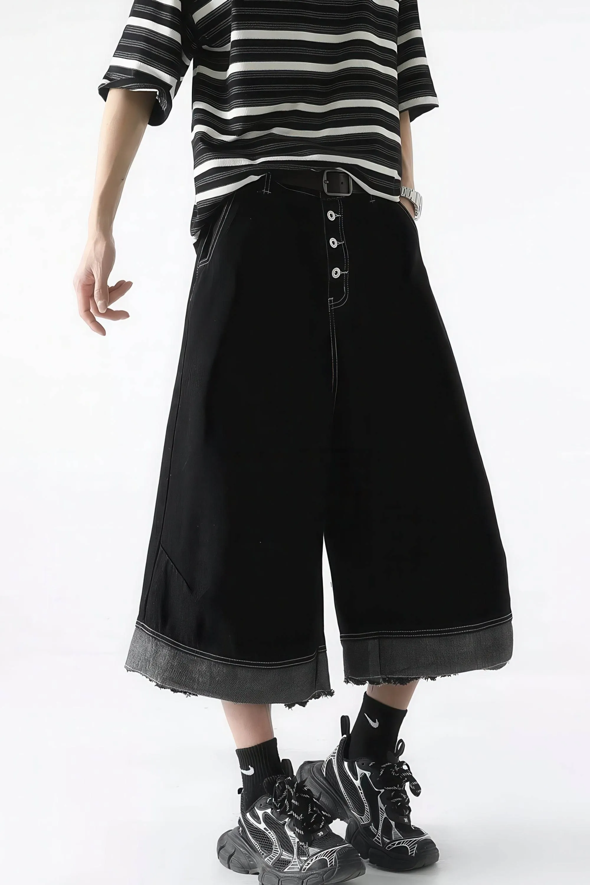 Button-Fly Cropped Jeans - Streetwear Washed Wide Leg Pants