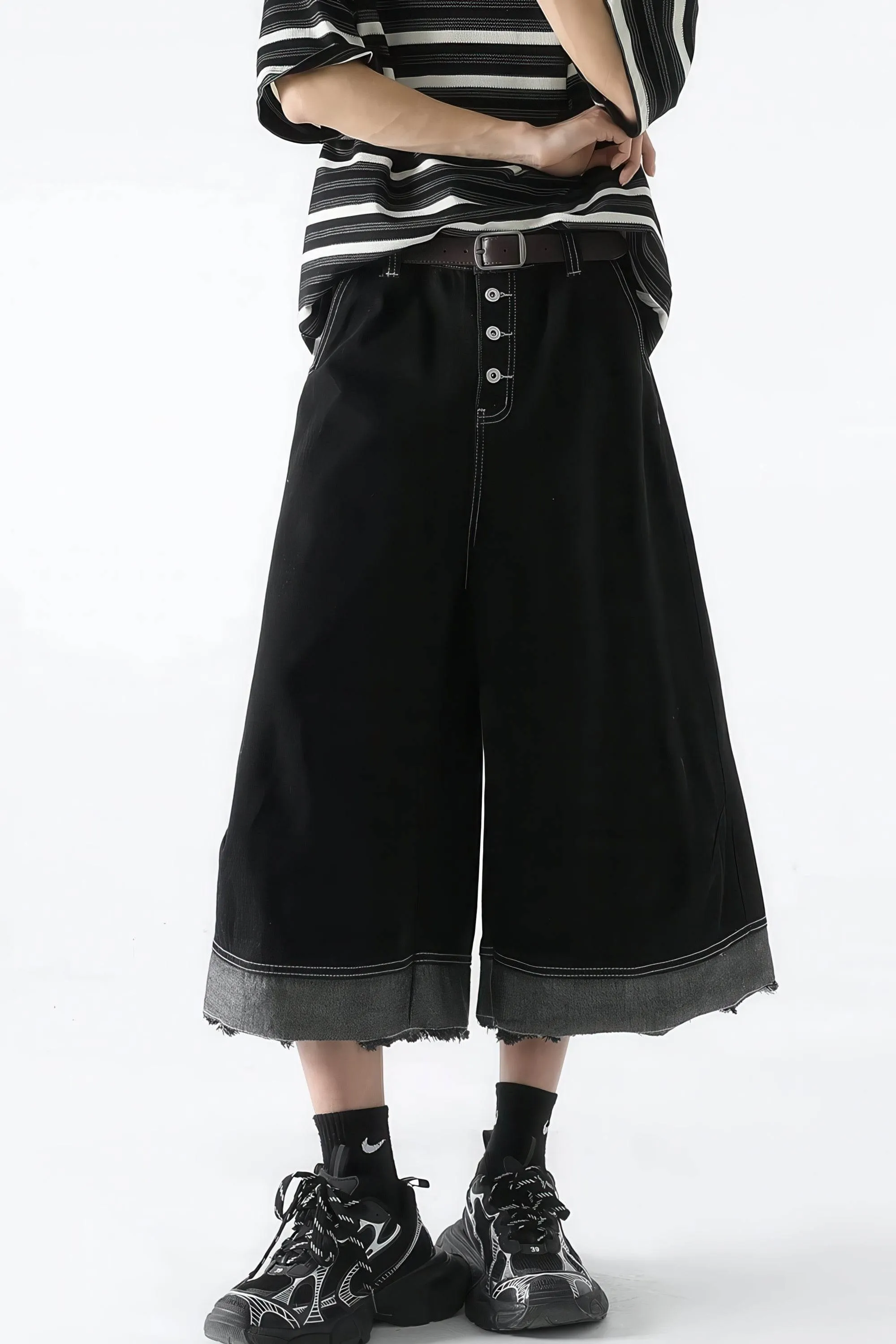 Button-Fly Cropped Jeans - Streetwear Washed Wide Leg Pants