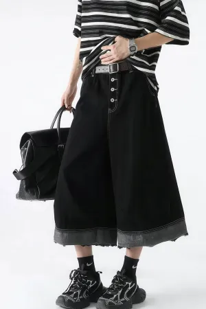 Button-Fly Cropped Jeans - Streetwear Washed Wide Leg Pants