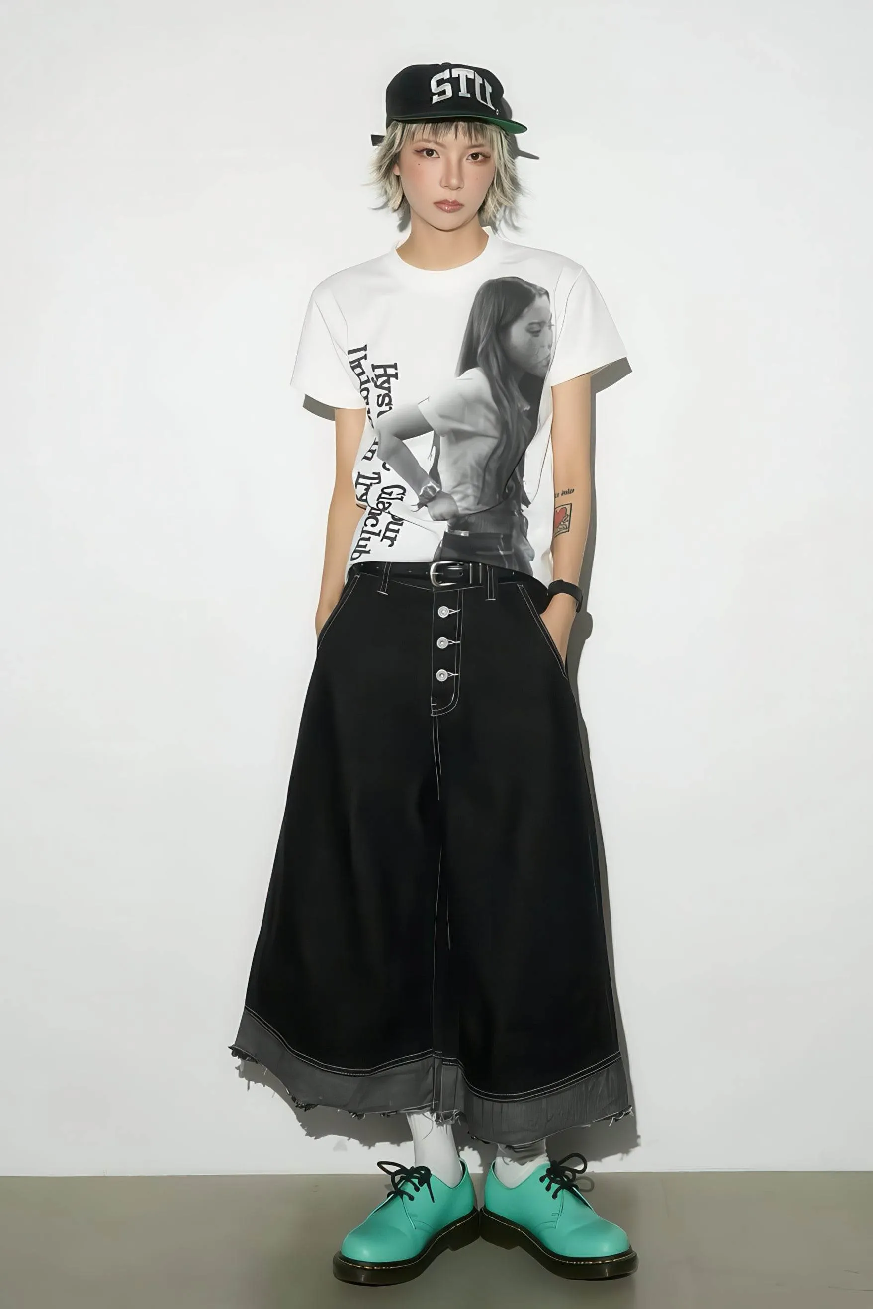 Button-Fly Cropped Jeans - Streetwear Washed Wide Leg Pants