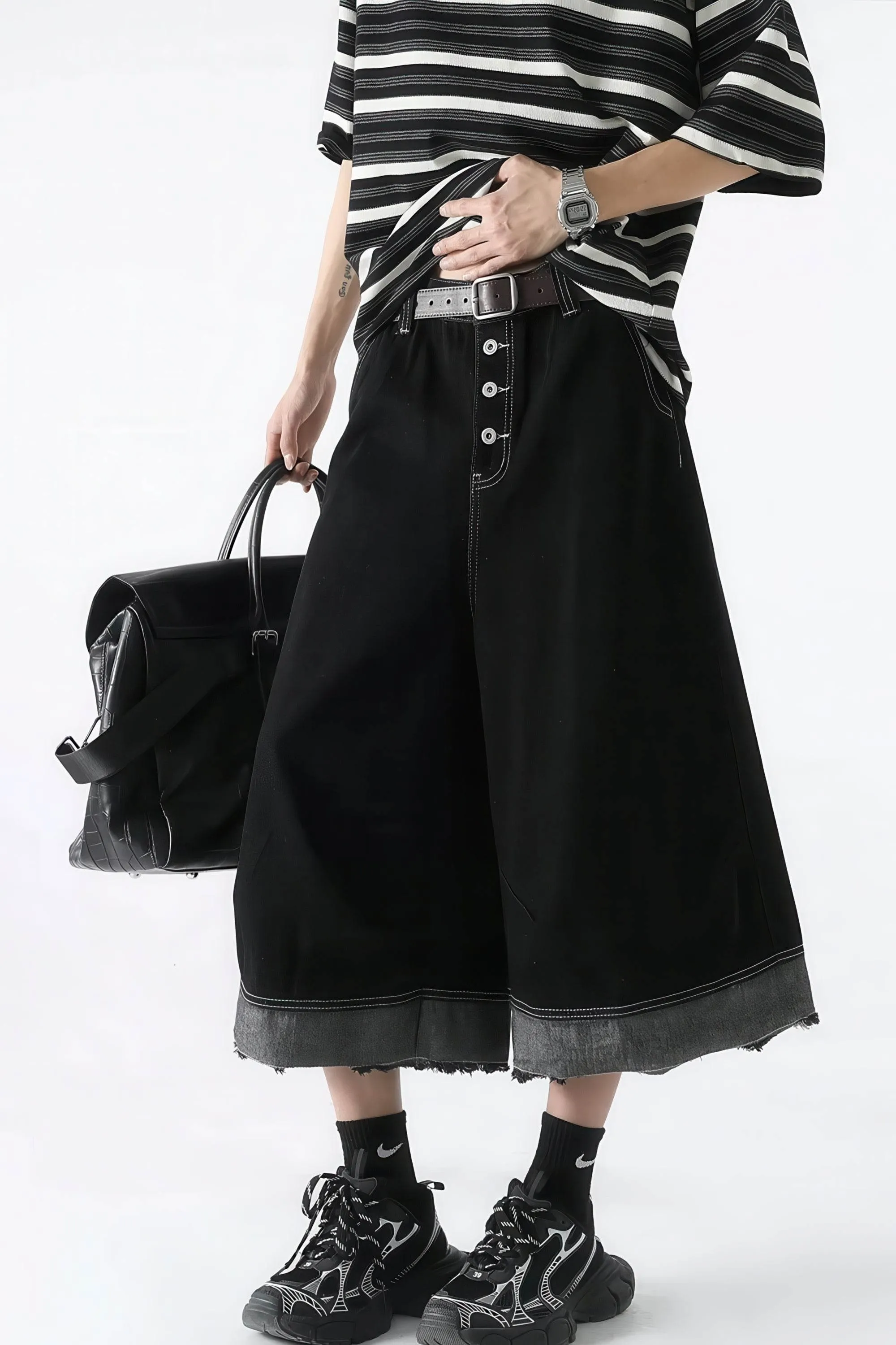 Button-Fly Cropped Jeans - Streetwear Washed Wide Leg Pants