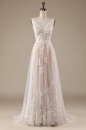 BYG-2  Premium Lace Appliqué Deep V Sleeveless Wedding Dress