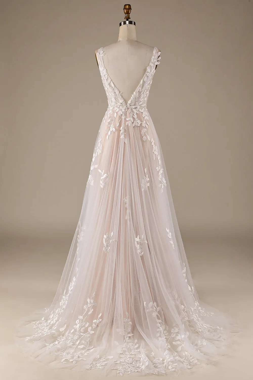 BYG-2  Premium Lace Appliqué Deep V Sleeveless Wedding Dress