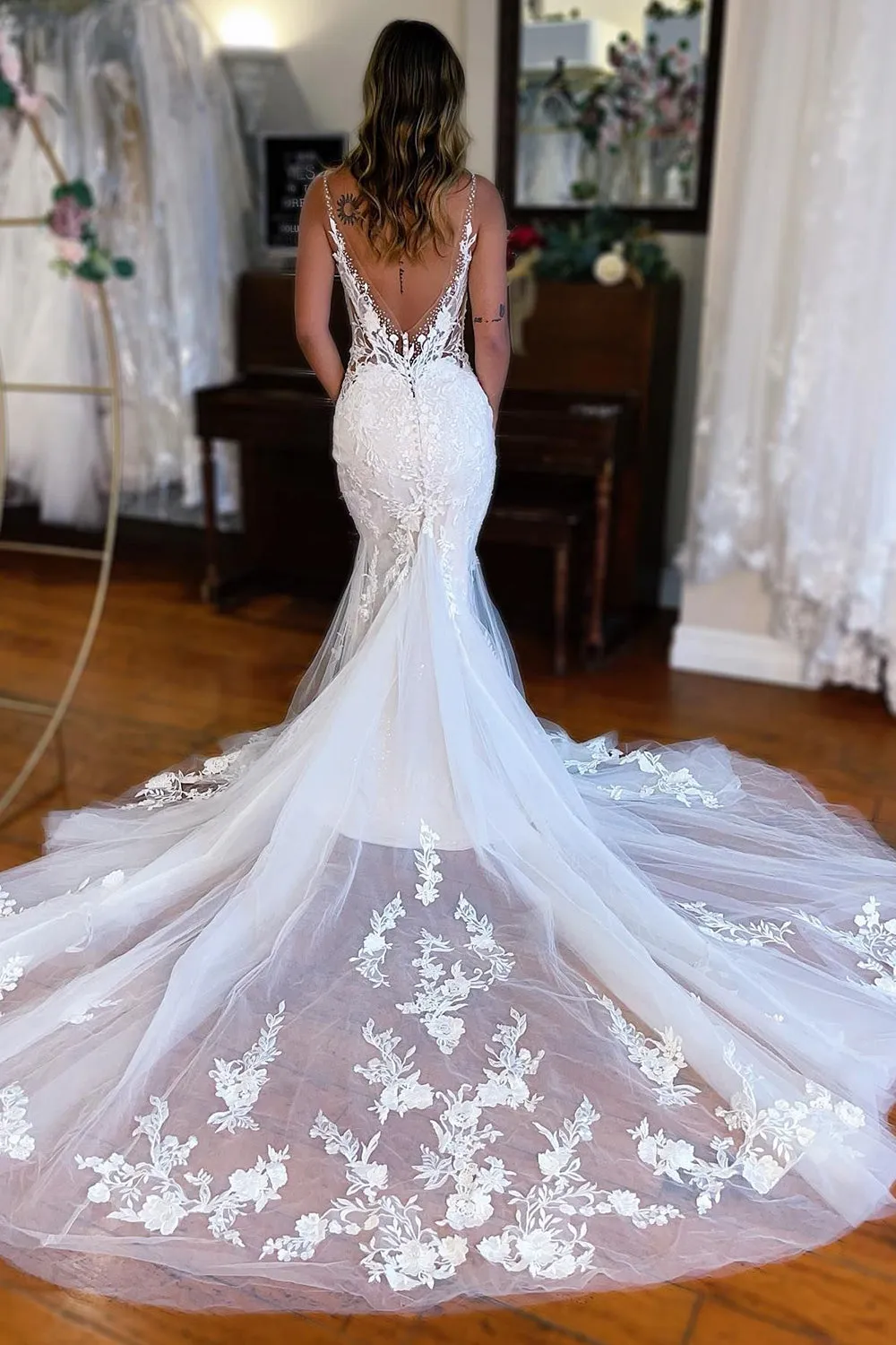 BYG-32 Deep V neckline, premium lace appliqués, mermaid wedding dress