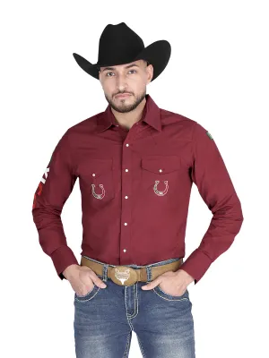 Camisa Vaquera Bordada México Manga Larga Vino para Hombre 'El General' - ID: 44280