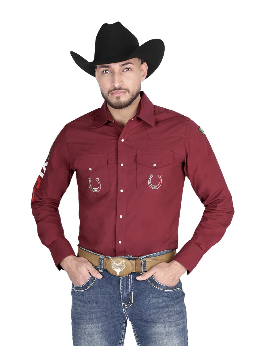 Camisa Vaquera Bordada México Manga Larga Vino para Hombre 'El General' - ID: 44280