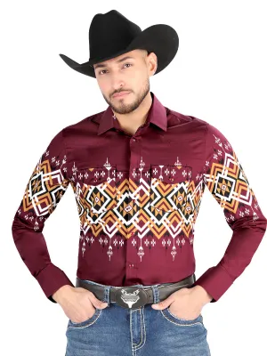 Camisa Vaquera Manga Larga Estampada Burgandy para Hombre 'El Señor de los Cielos' - ID: 44450