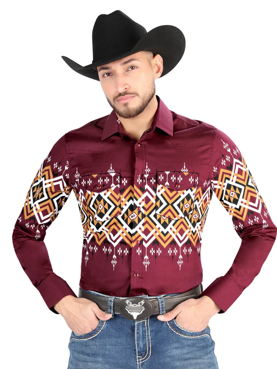 Camisa Vaquera Manga Larga Estampada Burgandy para Hombre 'El Señor de los Cielos' - ID: 44450