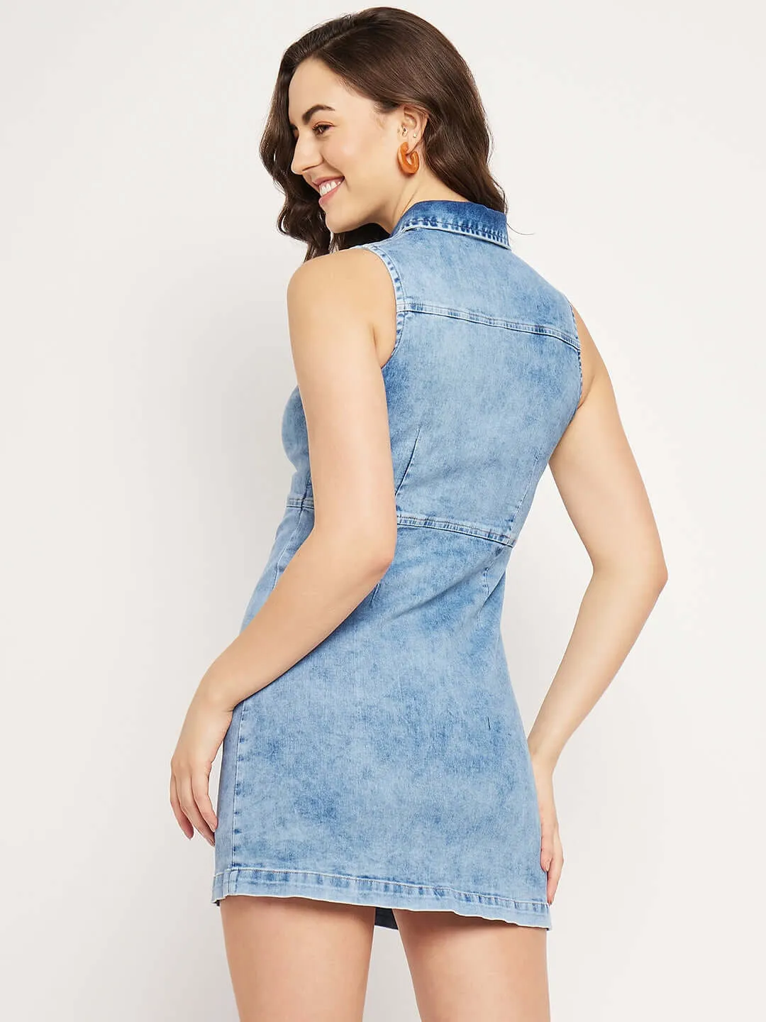 Camla Barcelona Sky Blue Denim Sleeveless Shirt Dress