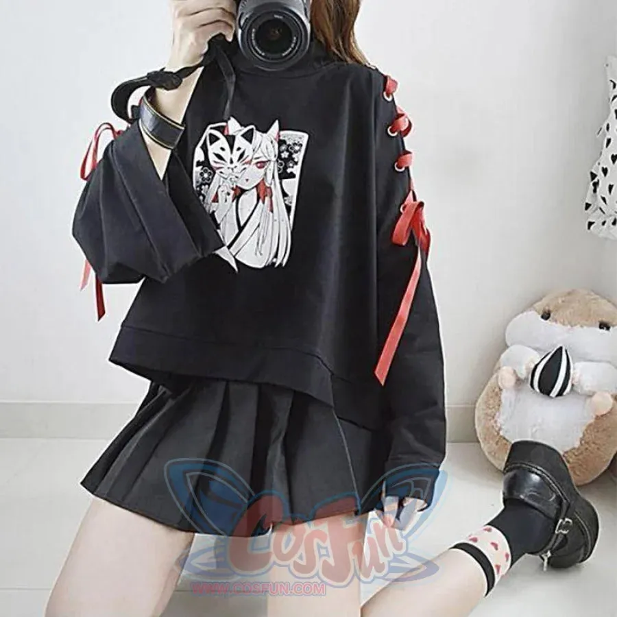 Cartoon Fox Print Lacing Short Sweatshirt Spring Sweater mp005889