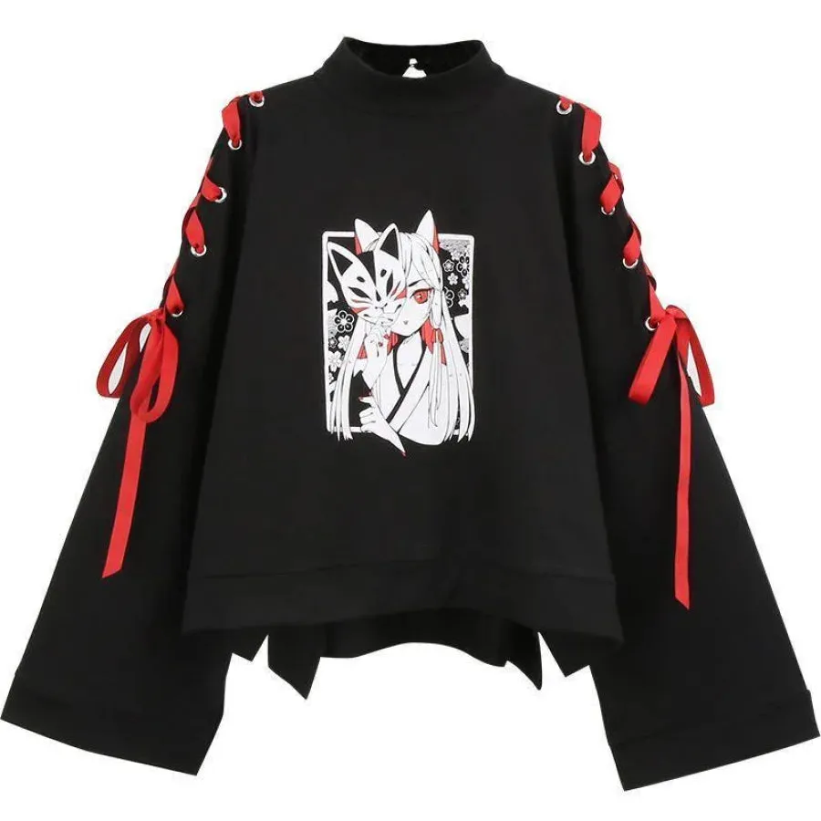 Cartoon Fox Print Lacing Short Sweatshirt Spring Sweater mp005889