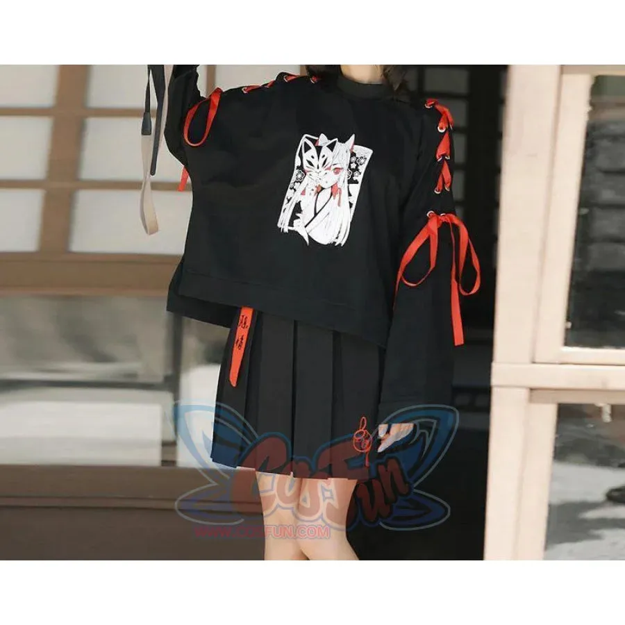 Cartoon Fox Print Lacing Short Sweatshirt Spring Sweater mp005889