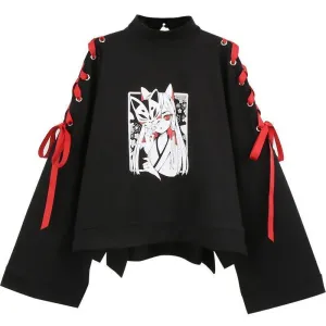 Cartoon Fox Print Lacing Short Sweatshirt Spring Sweater mp005889