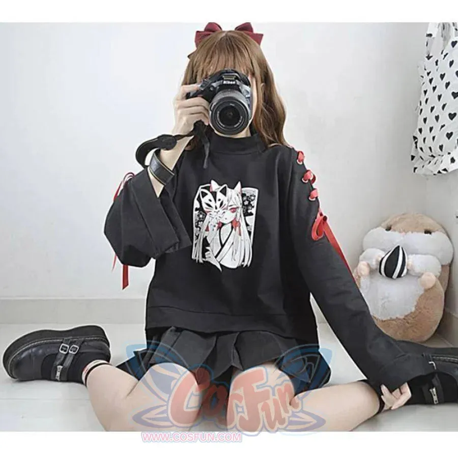 Cartoon Fox Print Lacing Short Sweatshirt Spring Sweater mp005889