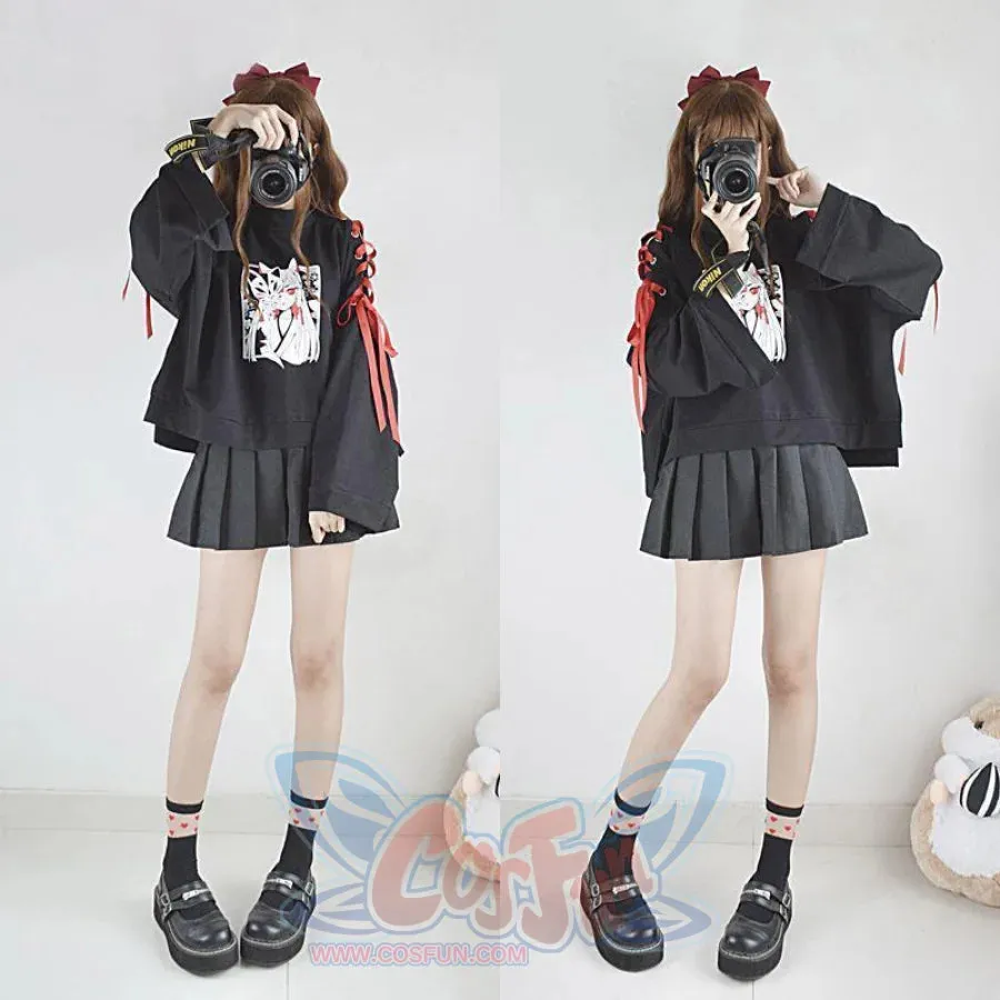 Cartoon Fox Print Lacing Short Sweatshirt Spring Sweater mp005889
